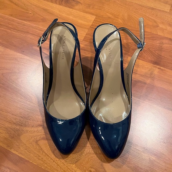 Ann Taylor blue leather wedge sling back heels (size 8) - Picture 1 of 3